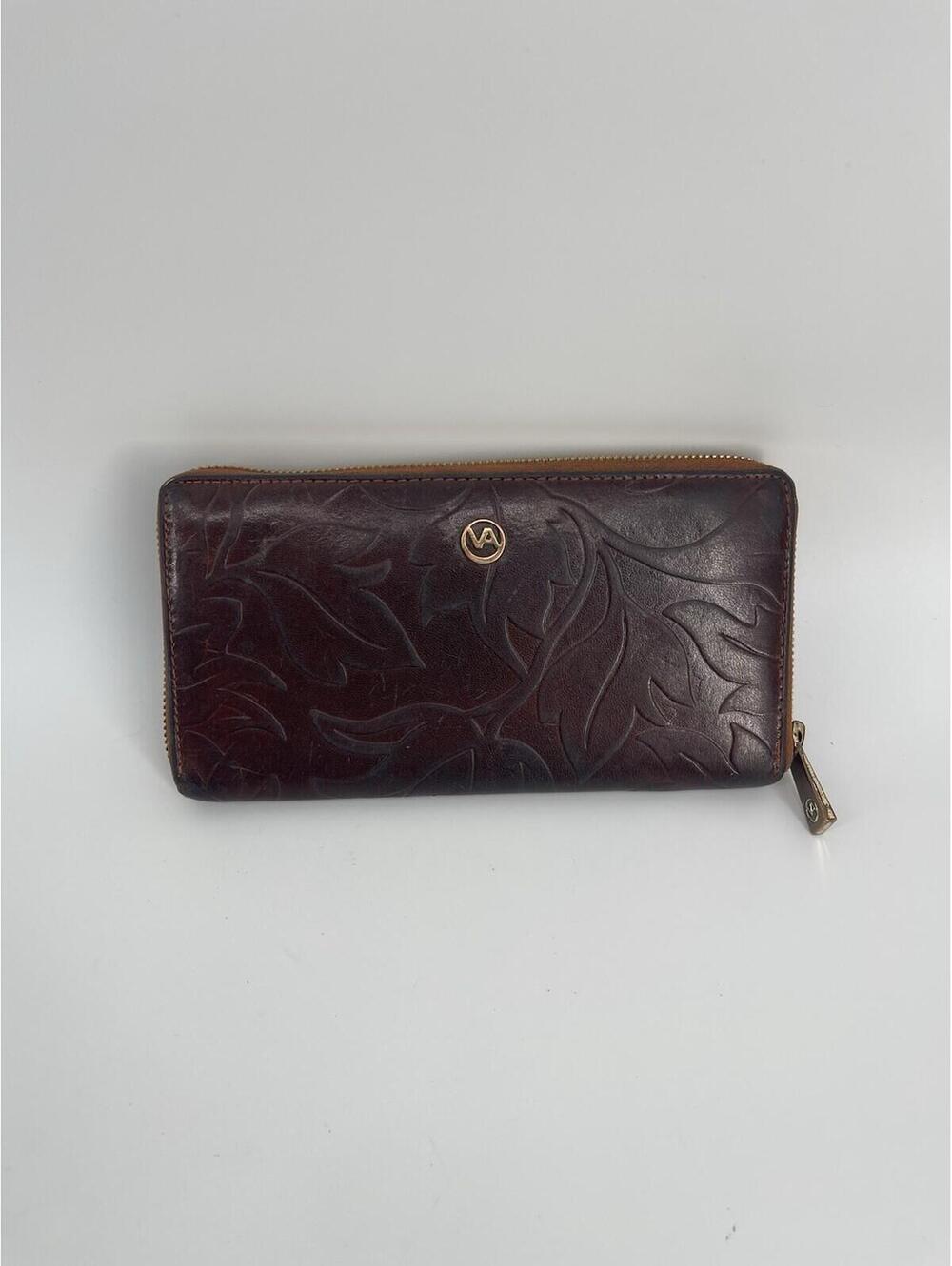 Valentina Italy Brown Embossed Leather Zip Around Wallet Floral Women’s